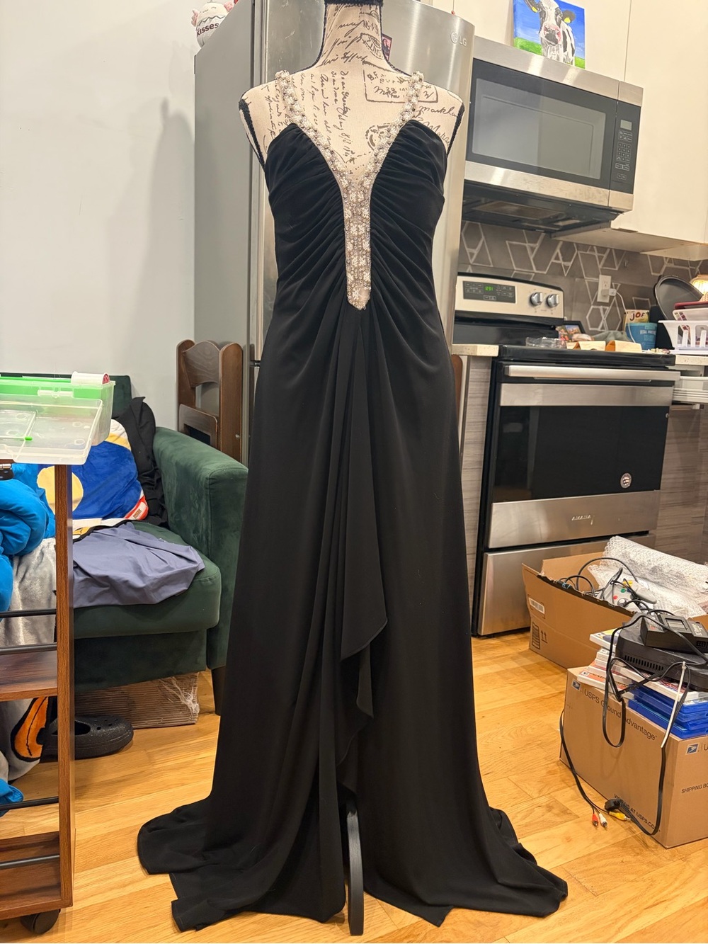 Elegant Black Evening Gown with Beaded Plunge